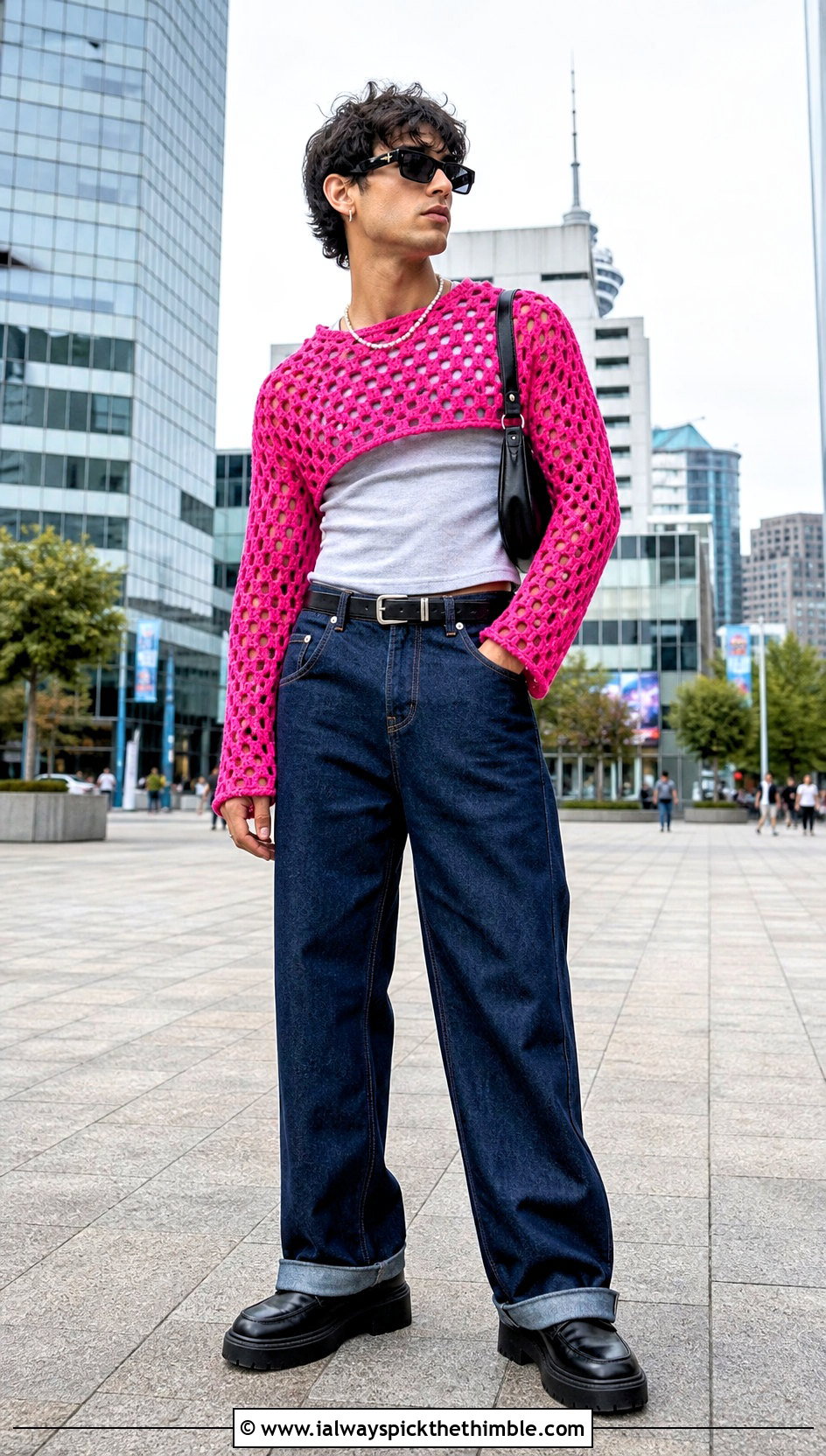 Cropped Crochet Mesh Shirt With High Waisted Jeans - 20 Men Crochet Mesh Shirt outfit ideas