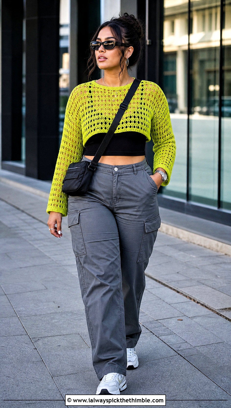 Cropped Crochet Mesh Top With Cargo Pants - 15 Crochet Mesh Summer Top outfit ideas