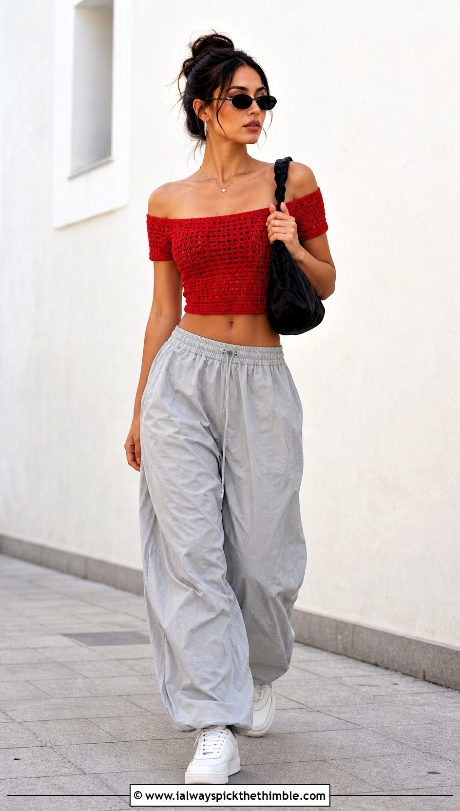 Cropped Crochet Off The Shoulder Top With Parachute Pants - 25 Crochet Off The Shoulder Top outfit ideas