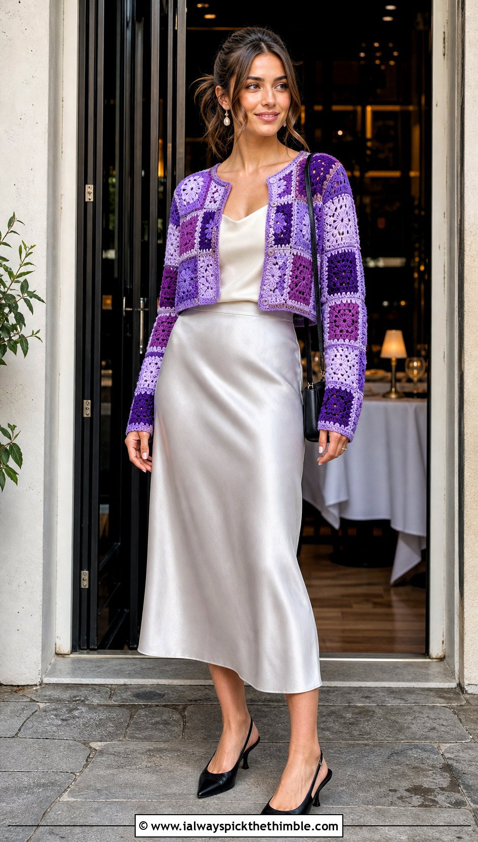 Cropped Crochet Patchwork Cardigan With Satin Midi Skirt - 25 crochet patchwork cardigan outfit ideas