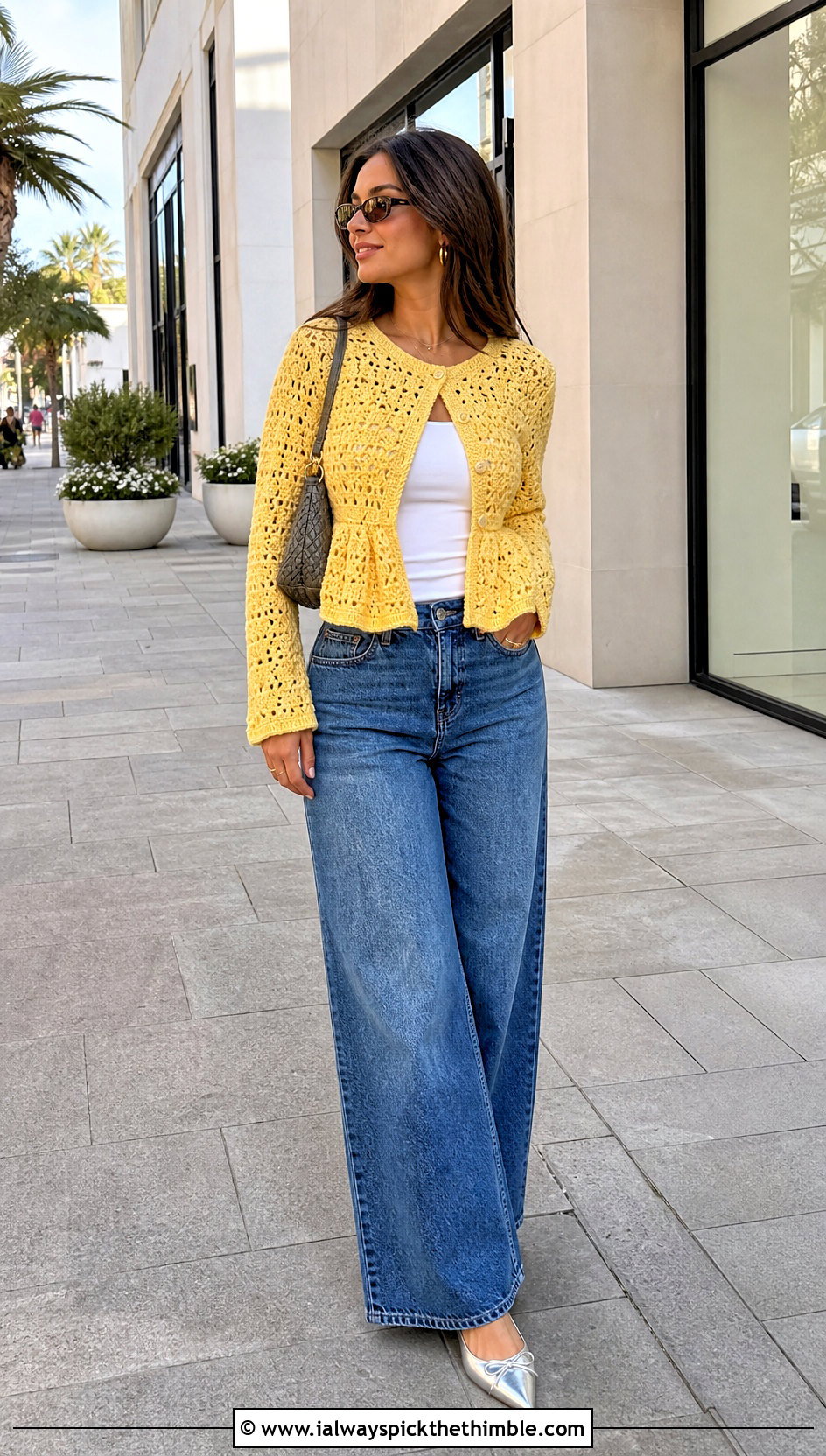 Cropped Crochet Peplum Jacket With Wide Leg Jeans - 15 crochet peplum jacket outfit ideas