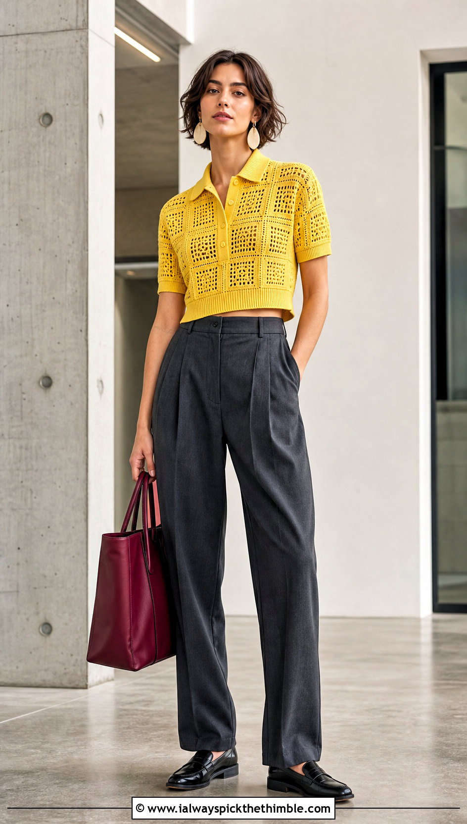 Cropped Crochet Polo Shirt With Pleated Trousers - 25 crochet polo shirt outfit ideas