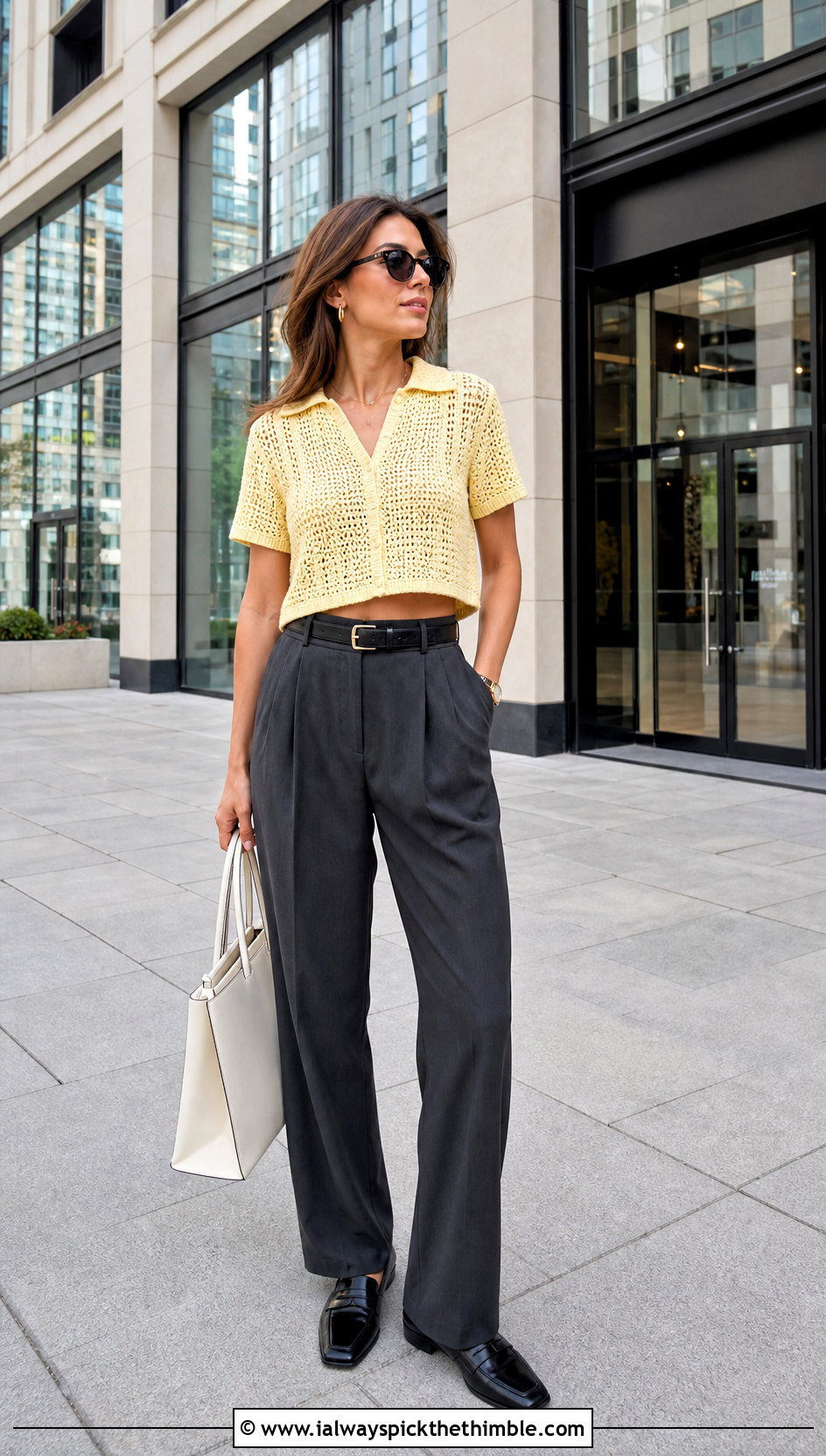Cropped Crochet Polo Shirt With Pleated Trousers - 20 women crochet polo shirt outfit ideas