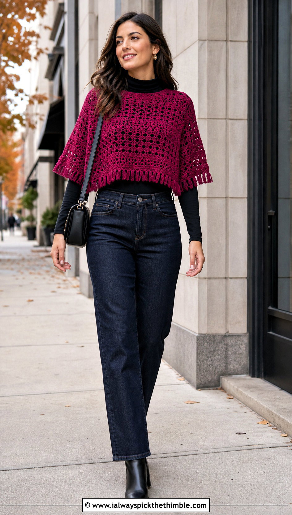Cropped Crochet Poncho Top With Straight Leg Jeans - 25 crochet layering top outfit ideas