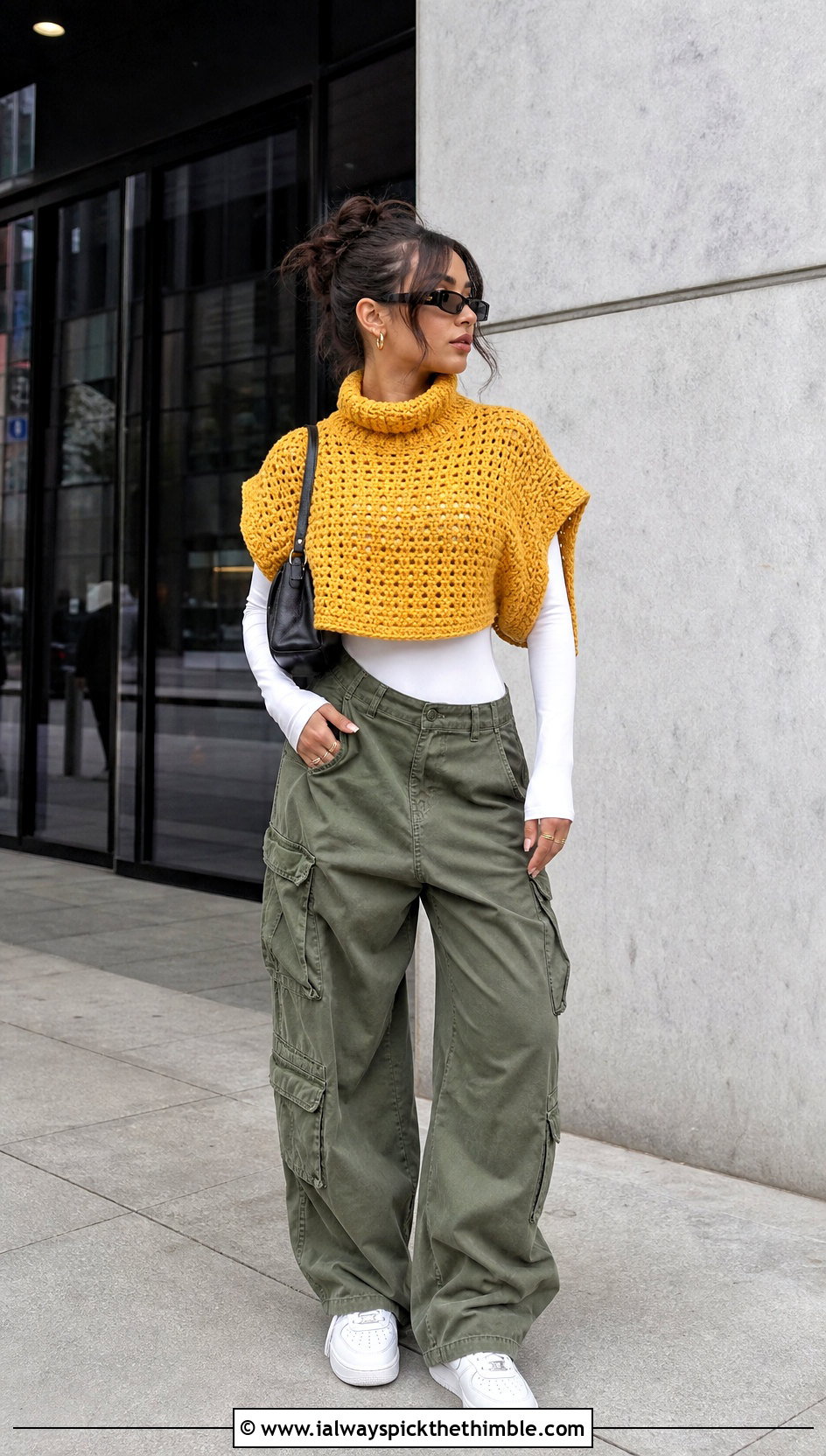 Cropped Crochet Poncho With Cargo Pants - 20 ladies crochet poncho outfit ideas