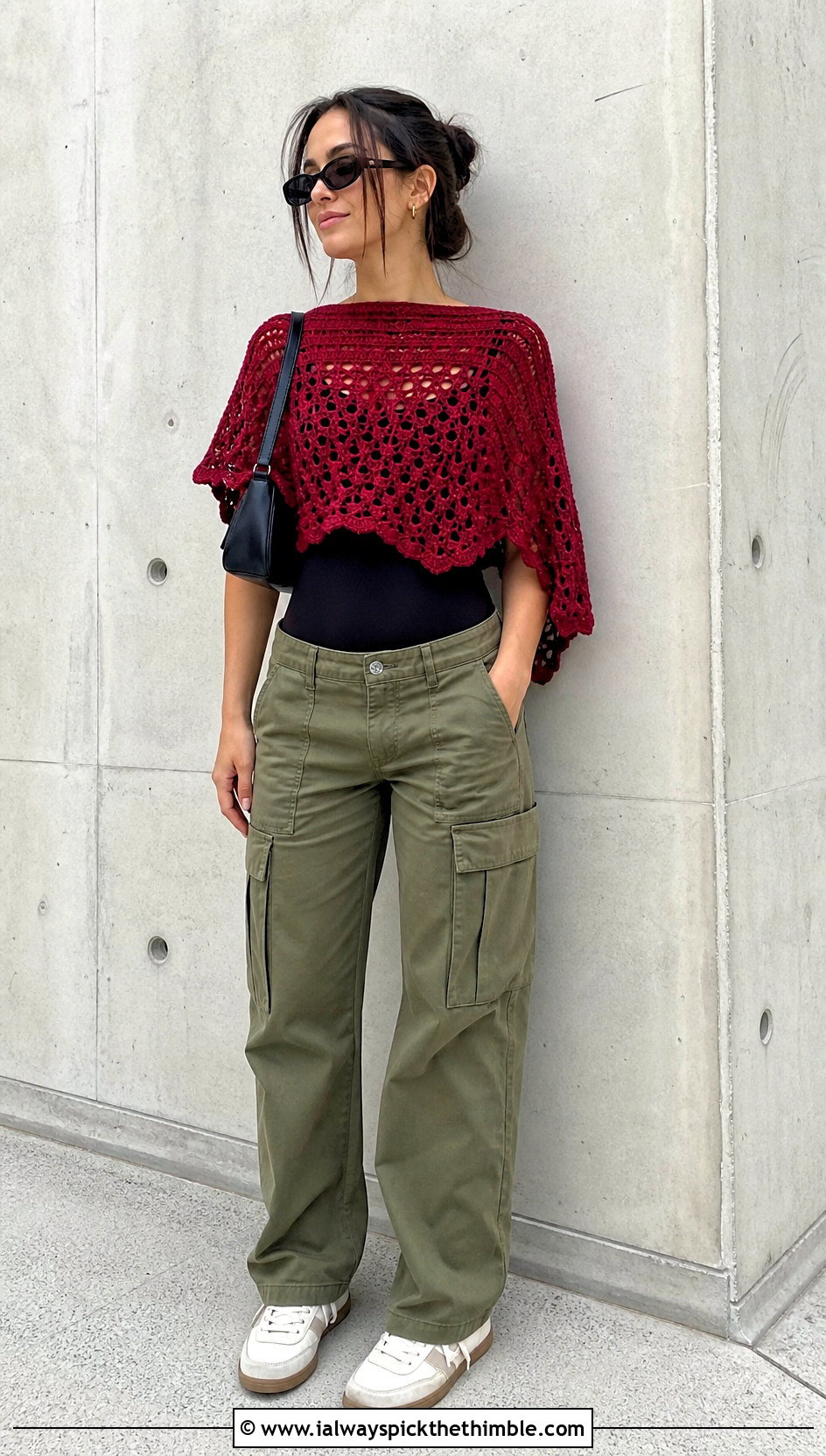Cropped Crochet Poncho With Cargo Pants - 25 easy crochet poncho outfit ideas