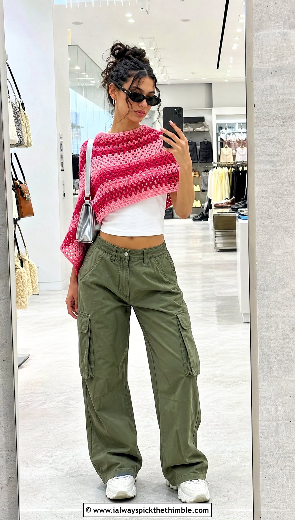 Cropped Crochet Poncho With Cargo Pants - 15 Easy Crochet Ponchos outfit ideas