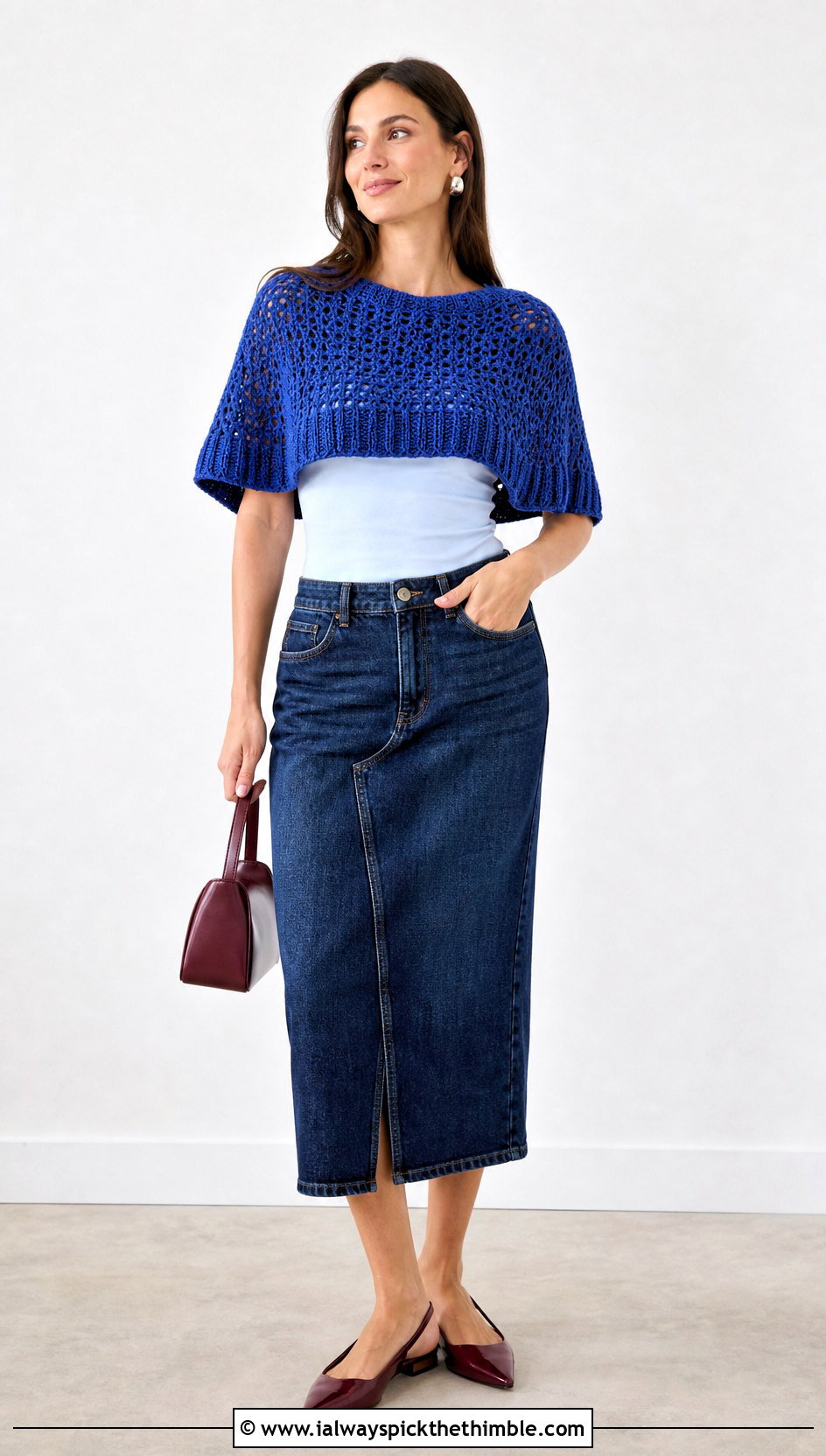 Cropped Crochet Poncho With Denim Midi Skirt - 15 diy crochet poncho outfit ideas