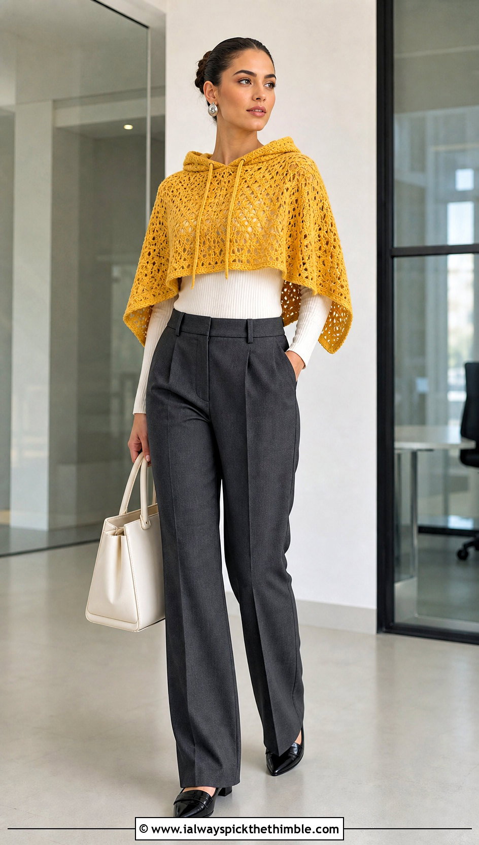 Cropped Crochet Poncho With Hood and High Waisted Trousers - 25 crochet poncho with hood outfit ideas