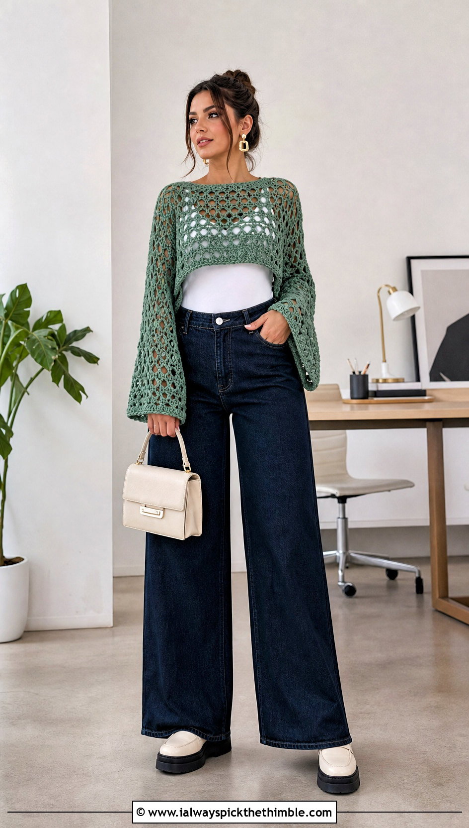 Cropped Crochet Poncho With Sleeves And Wide Leg Jeans - 20 crochet poncho with sleeves outfit ideas