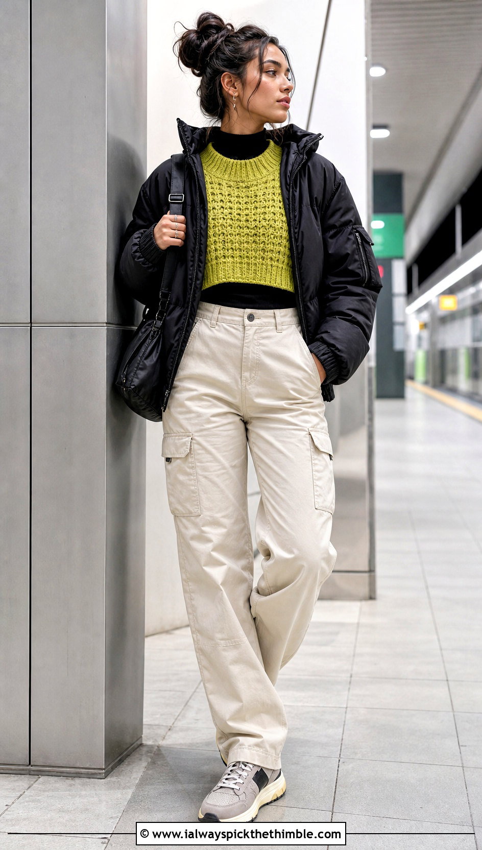 Cropped Crochet Pullover With Cargo Pants - 25 winter crochet top outfit ideas