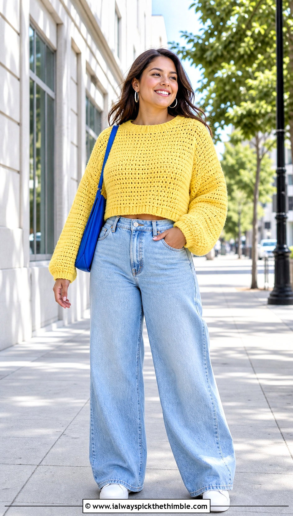 Cropped Crochet Raglan Sweater With Wide Leg Jeans - 25 crochet raglan sweater outfit ideas