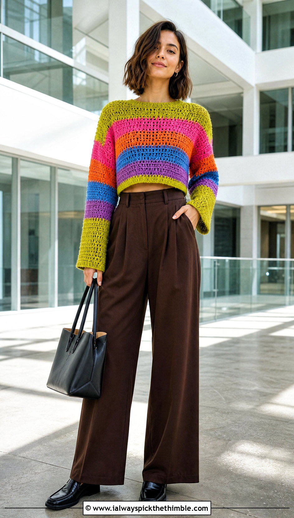 Cropped Crochet Rainbow Sweater With Wide Leg Trousers - 20 Crochet Rainbow Sweater outfit ideas