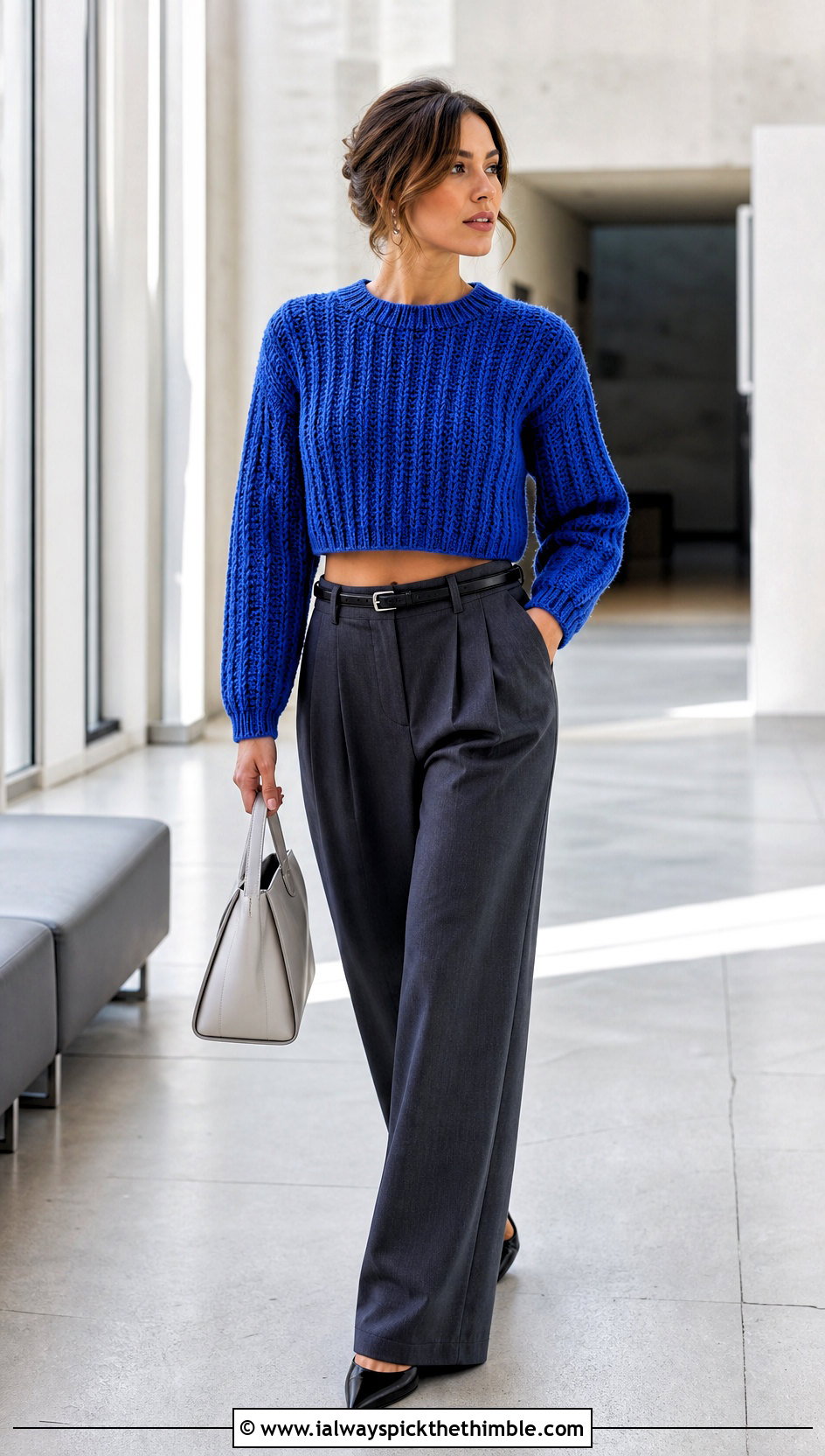 Cropped Crochet Ribbed Sweater With Wide Leg Trousers - 25 crochet ribbed sweater outfit ideas
