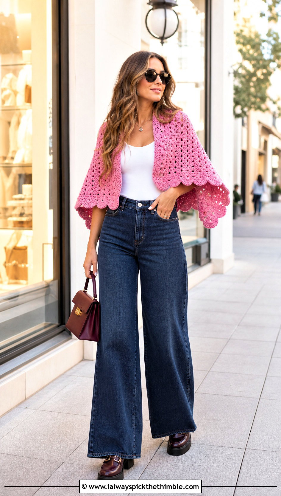 Cropped Crochet Ruana With Wide Leg Jeans - 25 crochet ruana outfit ideas