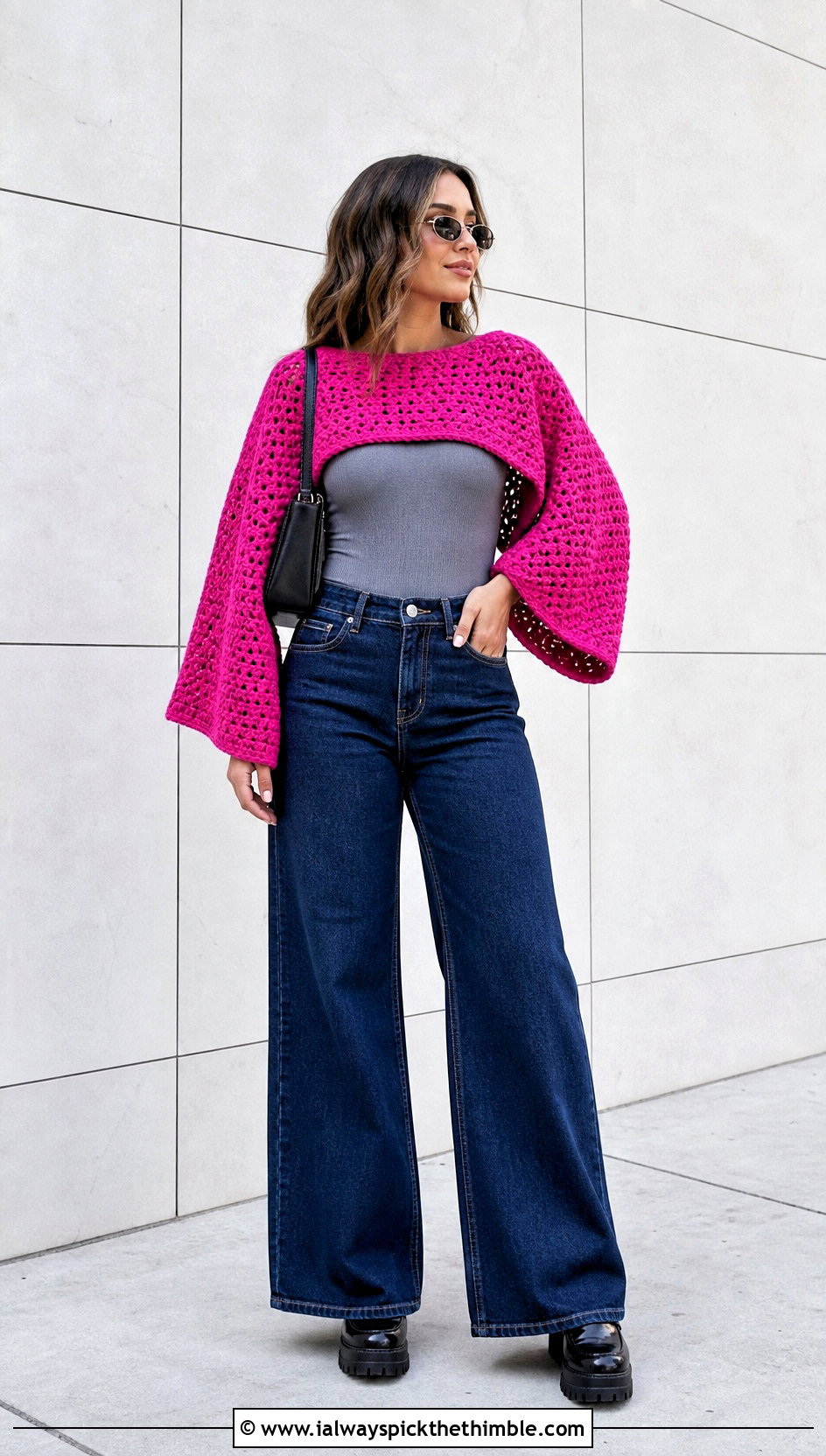 Cropped Crochet Ruana With Wide Leg Jeans - 15 easy crochet ruana outfit ideas