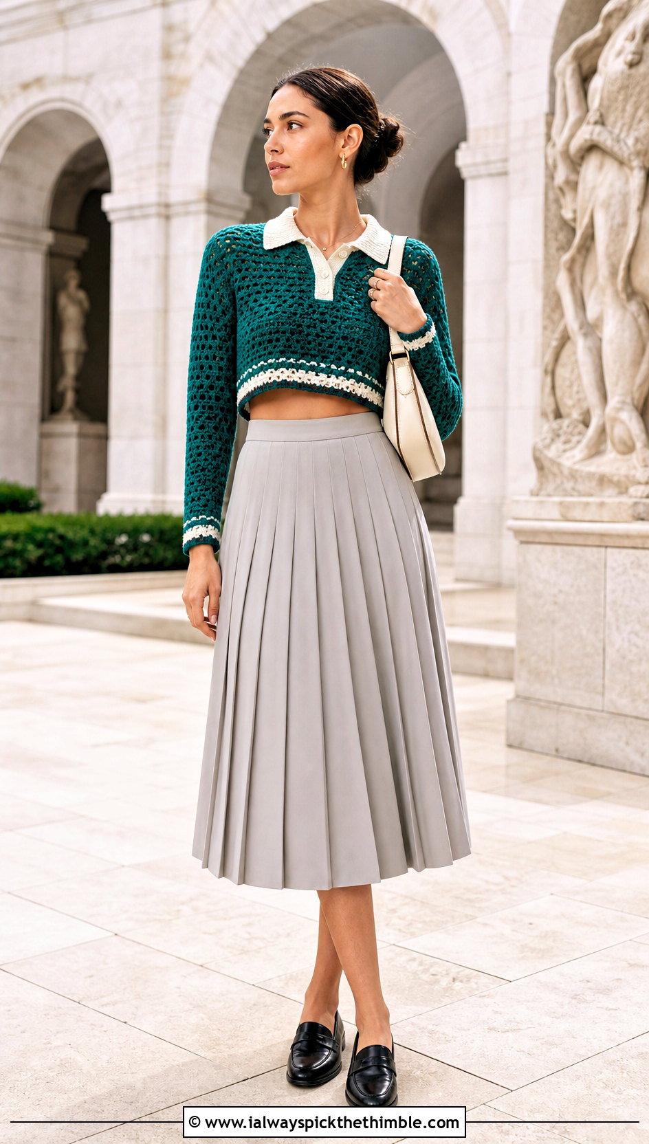 Cropped Crochet Rugby Shirt With Pleated Midi Skirt - 20 Crochet Rugby Shirt outfit ideas