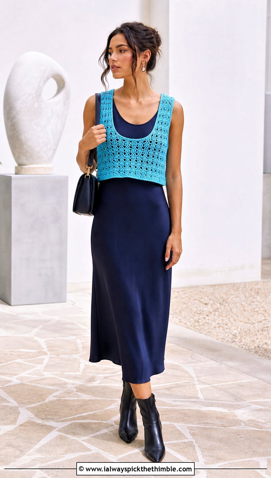 Cropped Crochet Scoop Neck Vest Top Over A Slip Dress - 20 crochet scoop neck top outfit ideas
