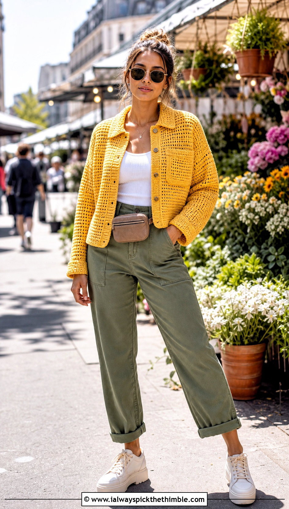 Cropped Crochet Shacket With Utility Pants - 25 easy crochet jacket outfit ideas
