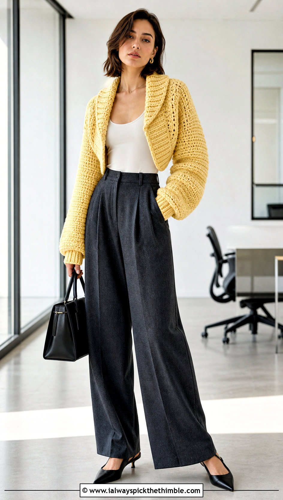Cropped Crochet Shawl Collar Sweater With Wide Leg Trousers - 20 Crochet Shawl Collar Sweater outfit ideas