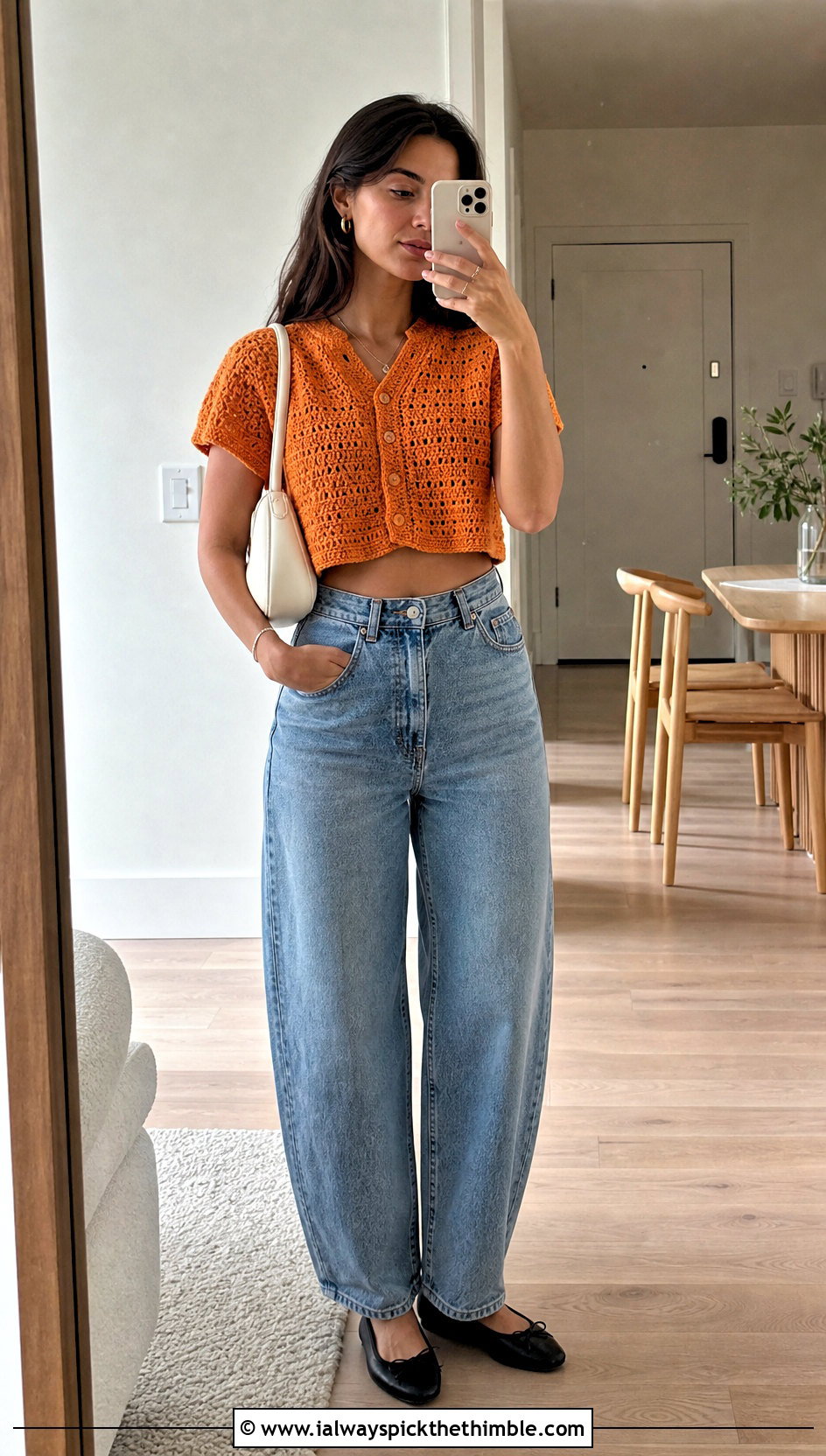 Cropped Crochet Shirt With Barrel Jeans - 25 crochet shirt outfit ideas