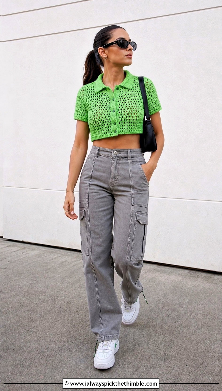 Cropped Crochet Shirt With Cargo Pants - 15 crochet short sleeve shirt outfit ideas