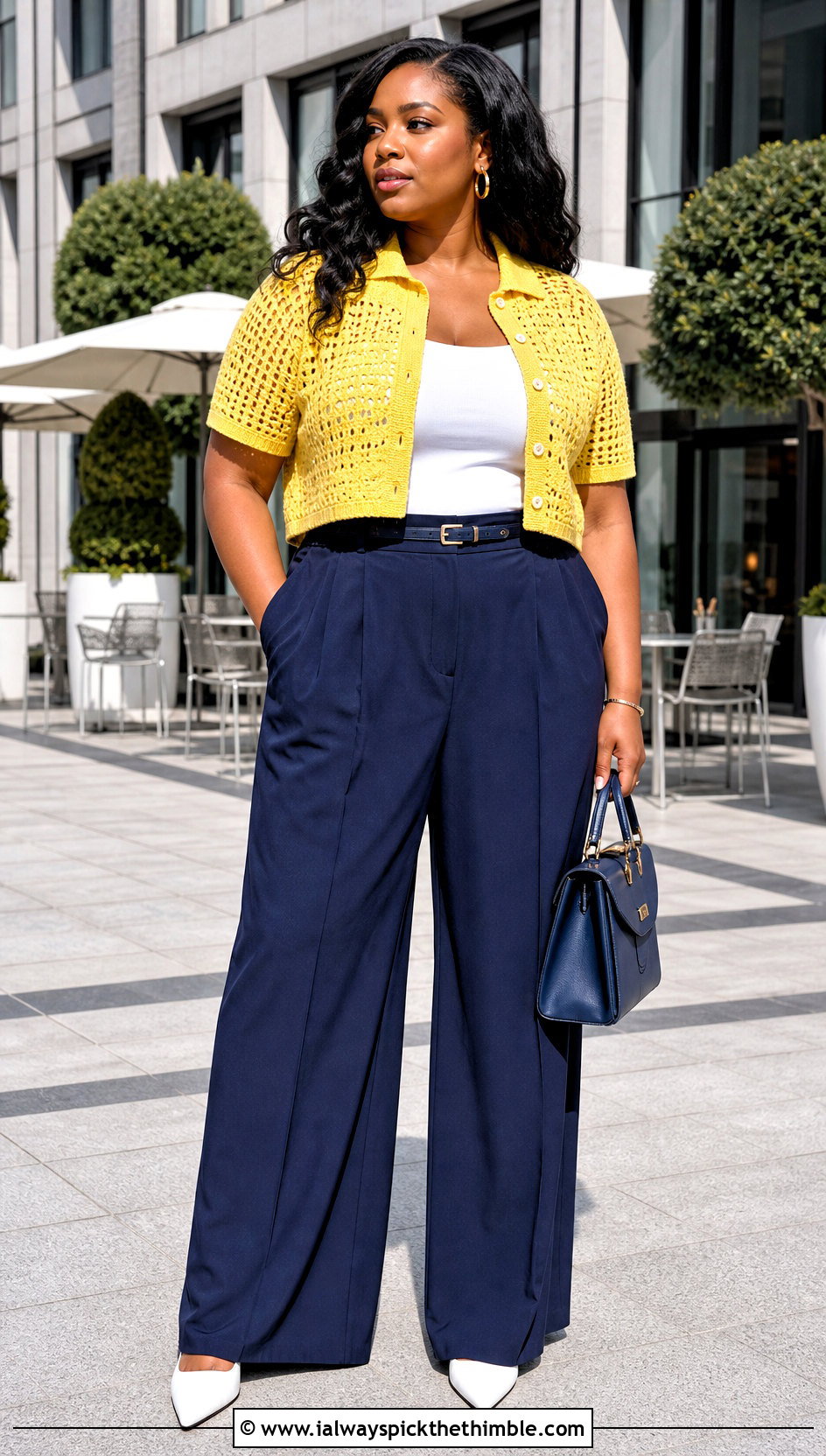 Cropped Crochet Shirt With High Waisted Suit Pants - 20 easy crochet shirt outfit ideas