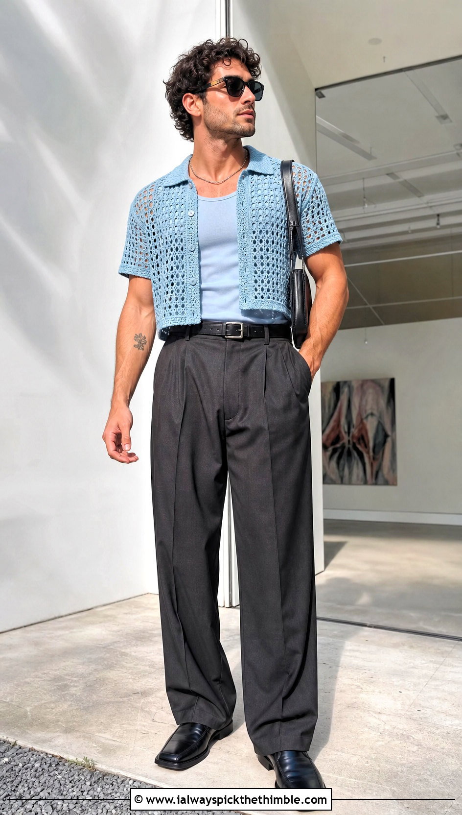 Cropped Crochet Shirt With High Waisted Trousers - 25 Mens Crochet Top outfit ideas