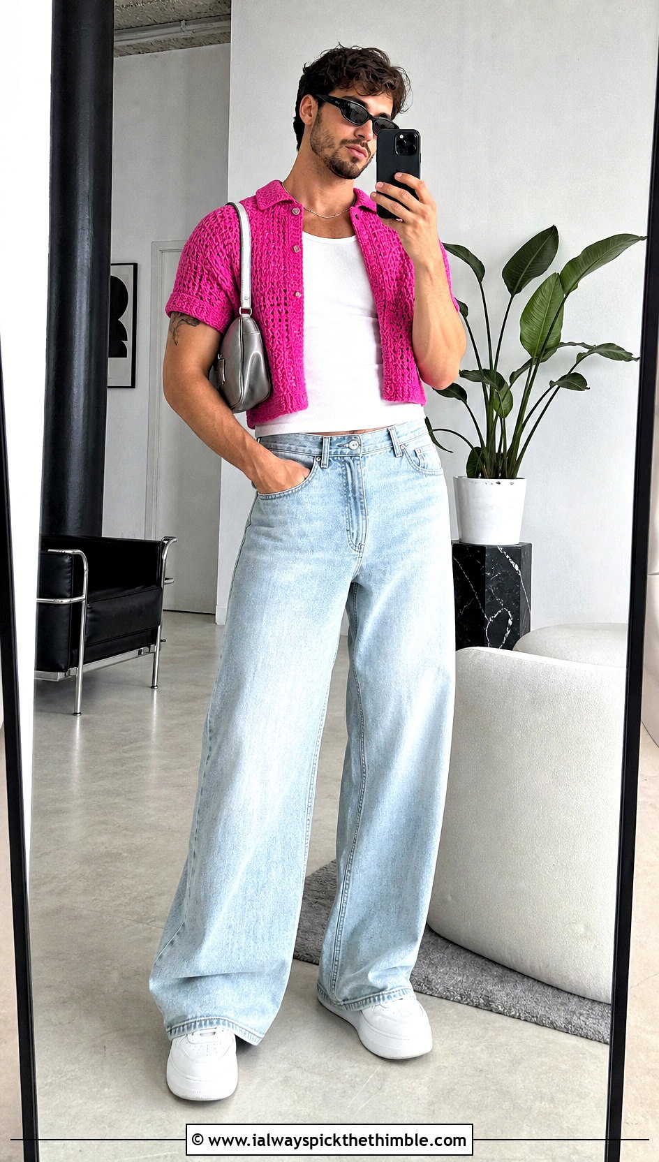 Cropped Crochet Shirt With Wide Leg Jeans - 20 crochet unisex shirt outfit ideas