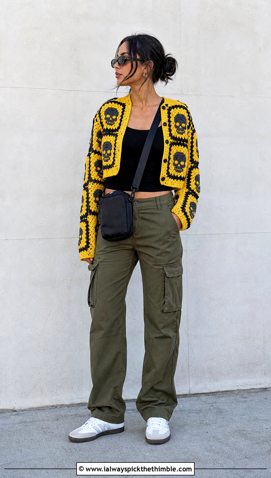 Cropped Crochet Skull Granny Square Cardigan With Cargo Pants - 20 crochet skull granny square cardigan outfit ideas