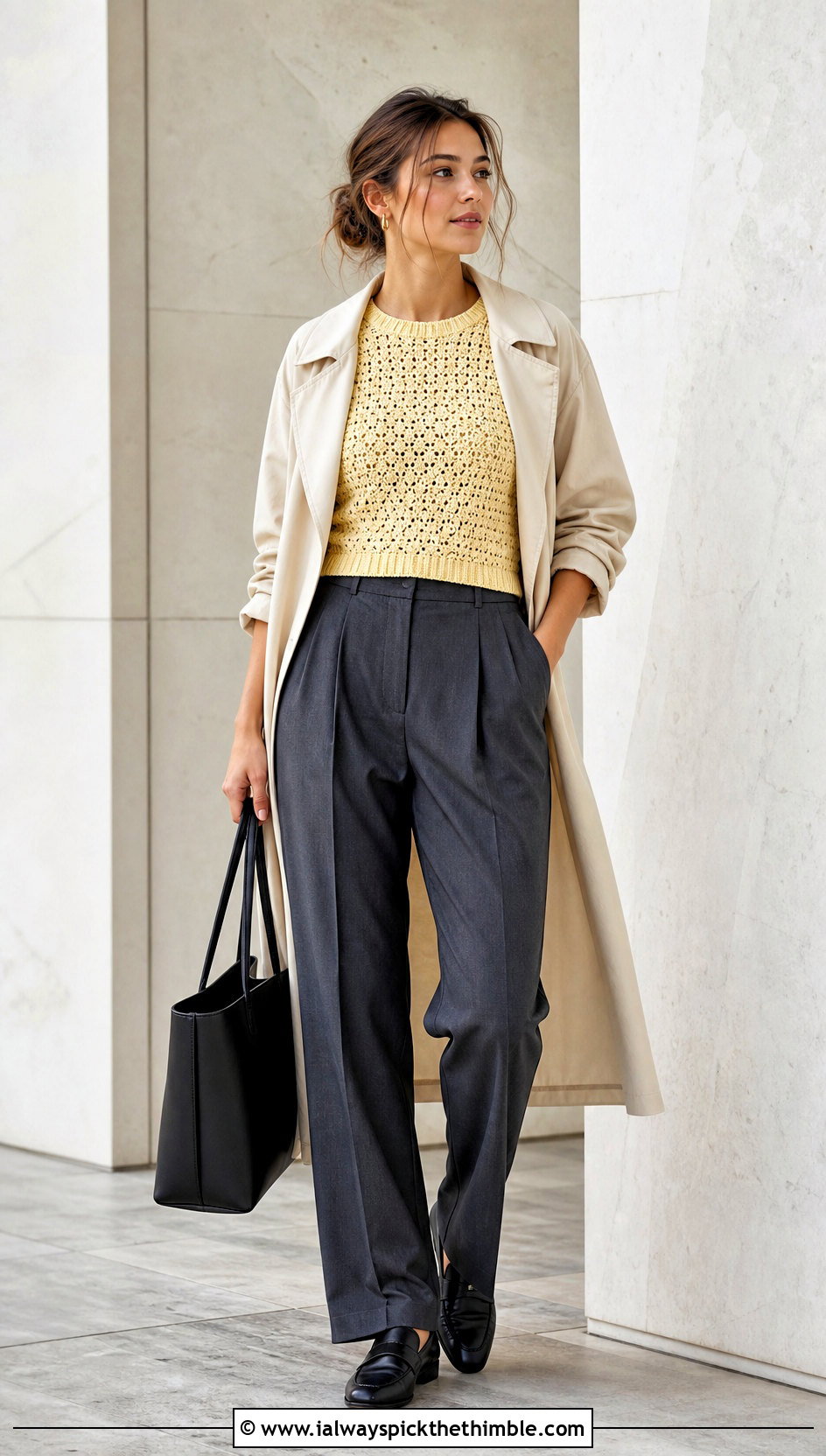 Cropped Crochet Spring Sweater With Pleated Trousers - 25 crochet spring sweater outfit ideas