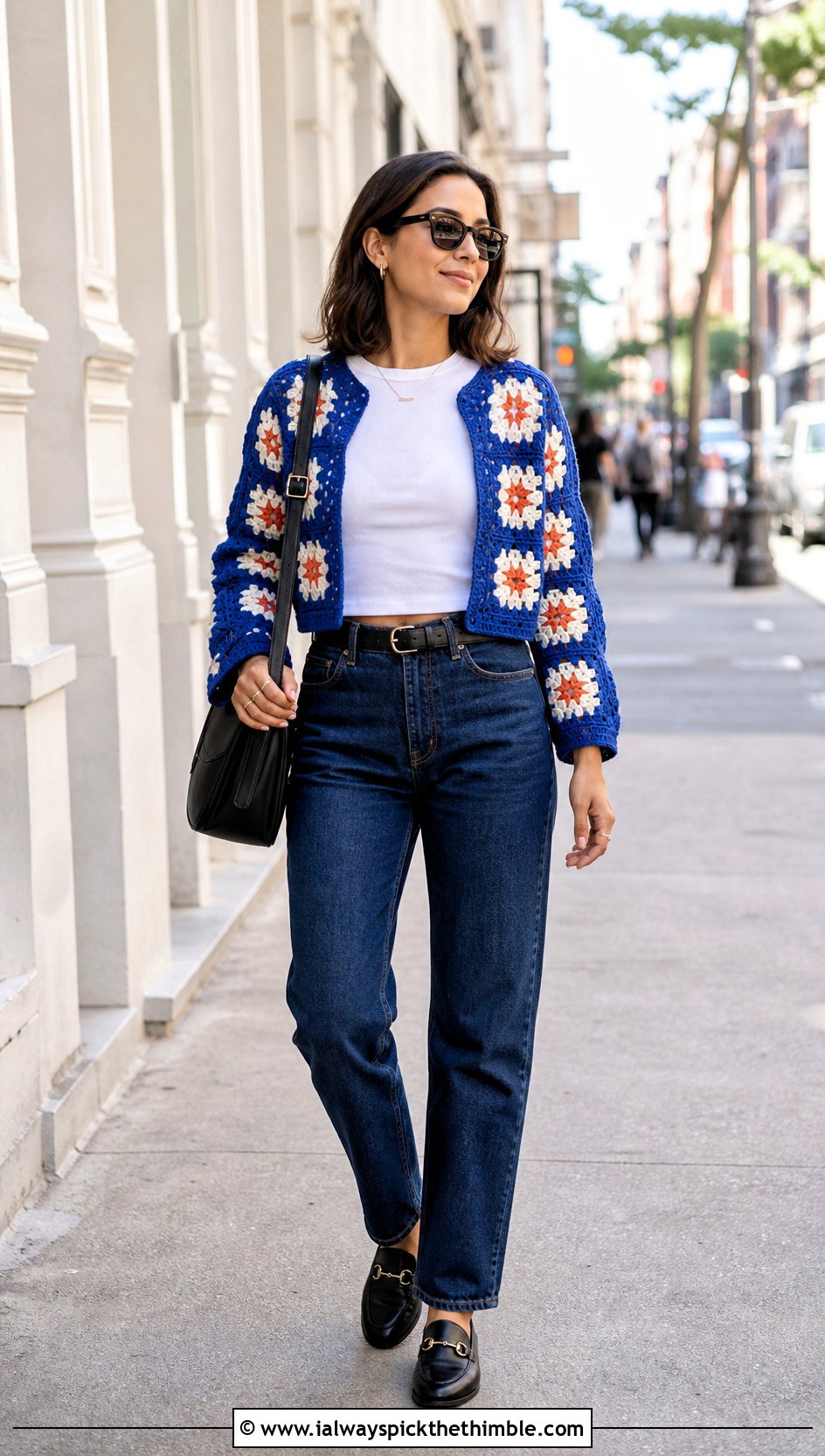 Cropped Crochet Star Granny Square Cardigan With Straight Leg Jeans - 20 Crochet Star Granny Square Cardigan outfit ideas