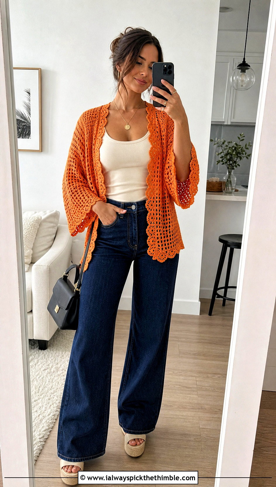 Cropped Crochet Summer Kimono With Wide Leg Jeans - 20 crochet summer kimono outfit ideas