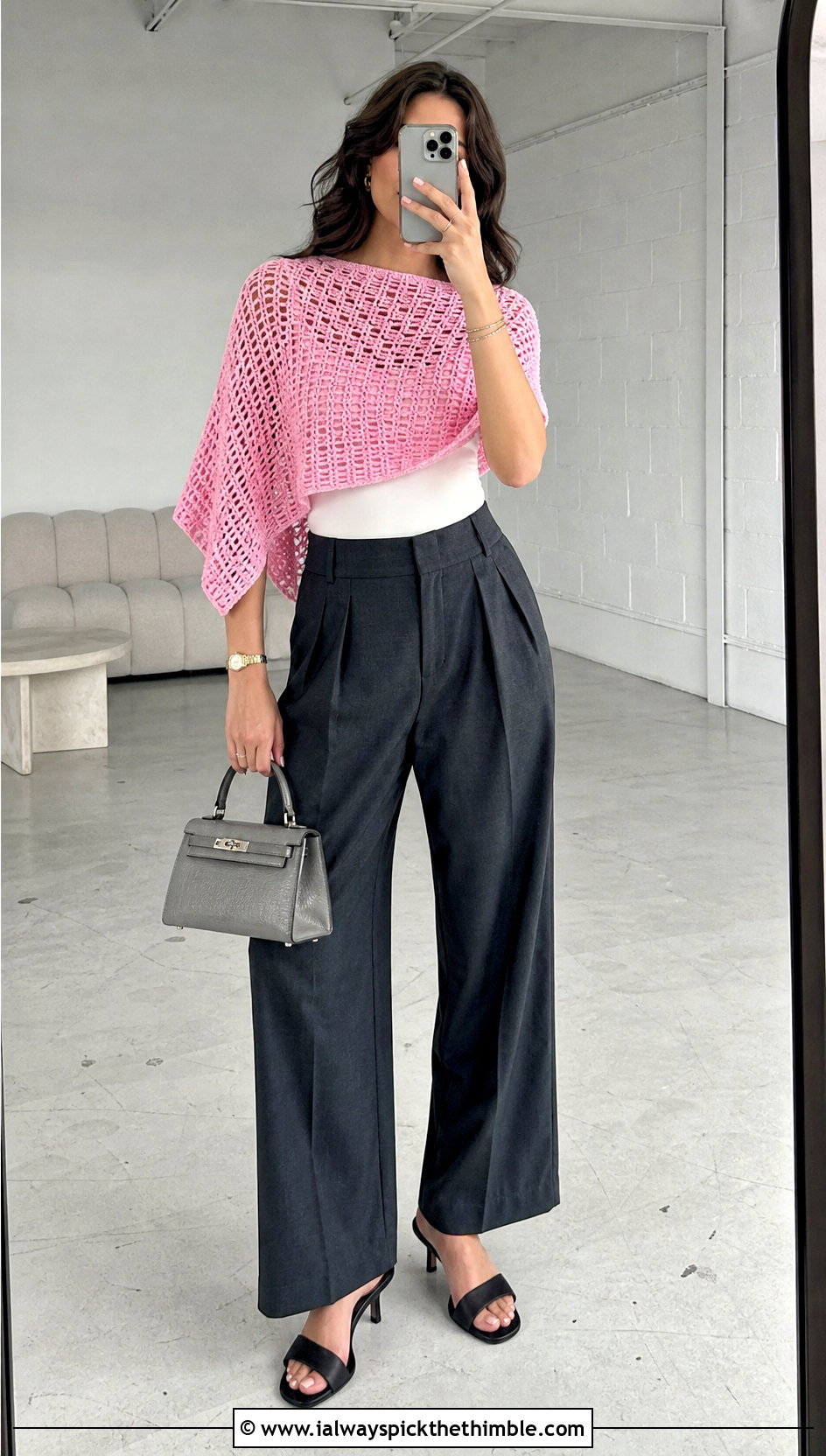Cropped Crochet Summer Poncho With Pleated Trousers - 25 crochet summer poncho outfit ideas