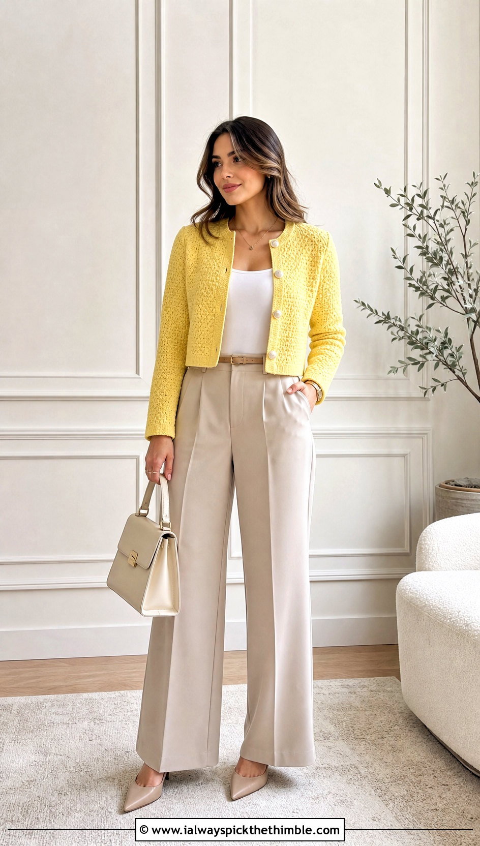 Cropped Crochet Sweater Jacket With Wide Leg Trousers - 20 Crochet Sweater Jacket outfit ideas