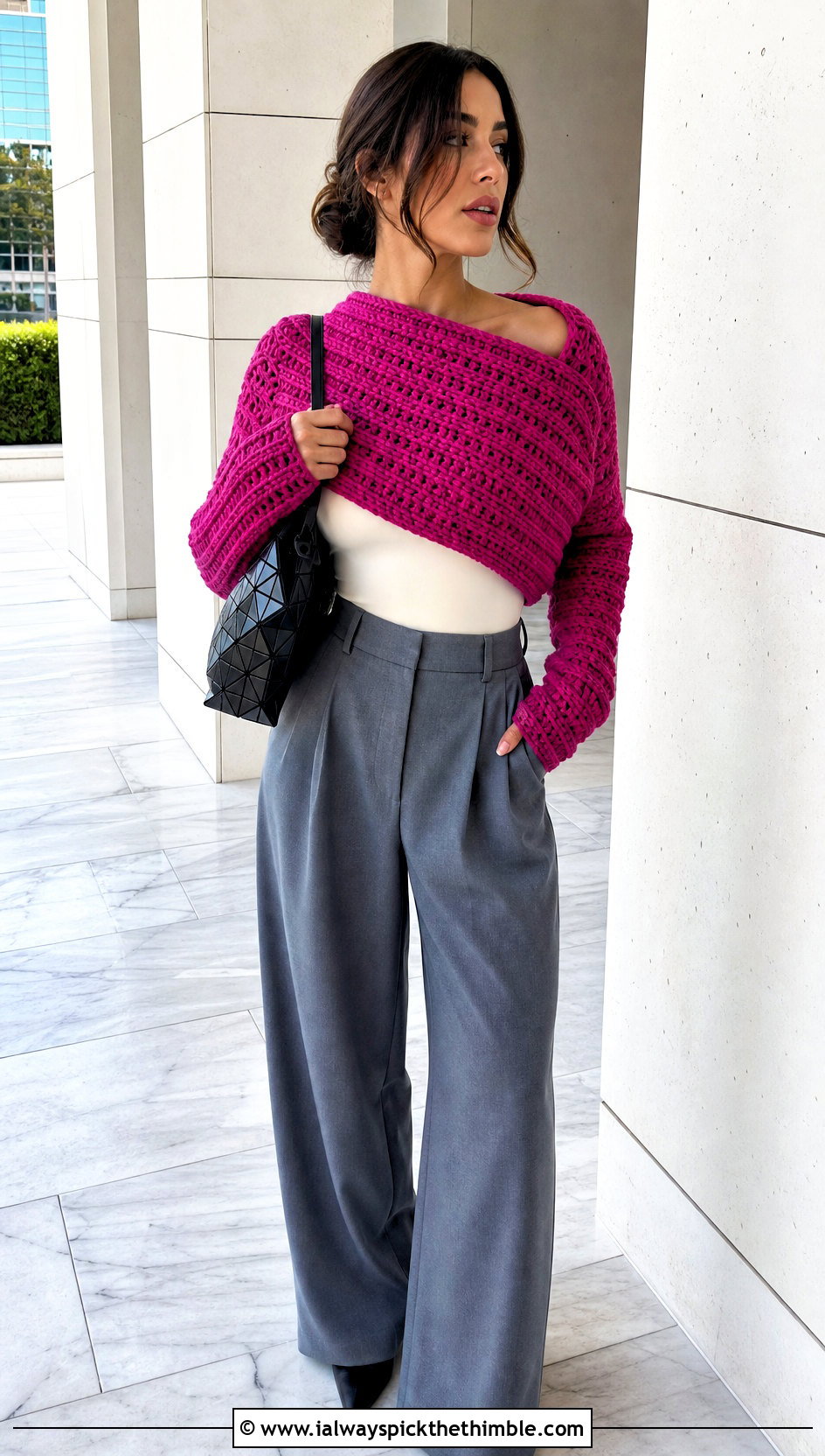 Cropped Crochet Sweater Scarf Wrap With Wide Leg Trousers - 20 crochet scarf sweater wrap outfit ideas