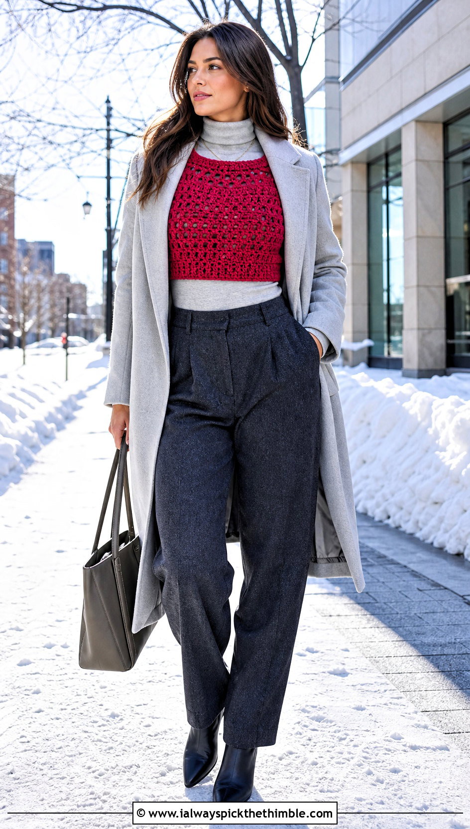 Cropped Crochet Sweater Top With Wool Trousers - 25 freehand crochet top outfit ideas