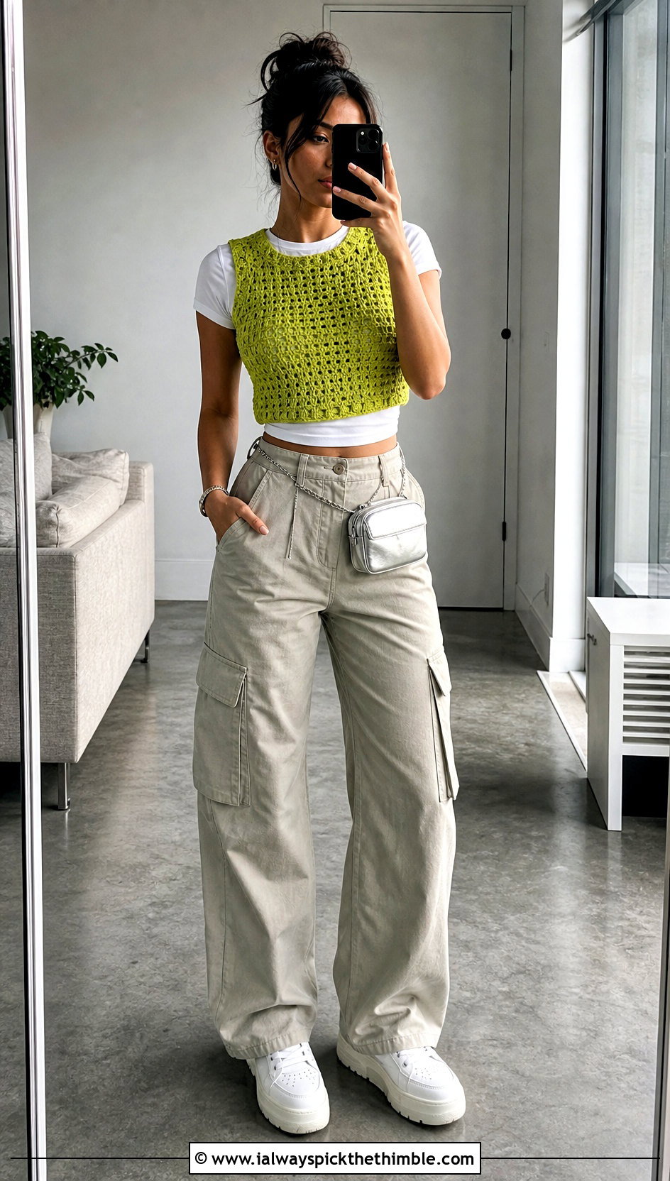Cropped Crochet Sweater Vest With Cargo Pants - 15 basic crochet sweater vest outfit ideas