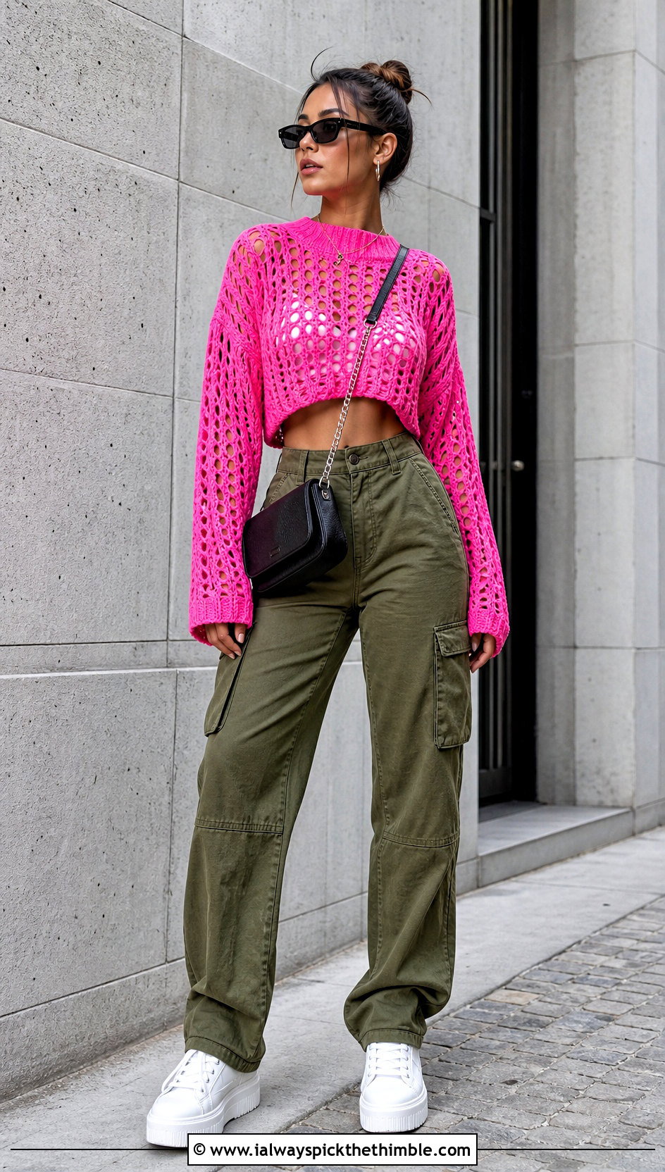 Cropped Crochet Sweater With Cargo Pants - 20 Fire Crochet Sweater outfit ideas