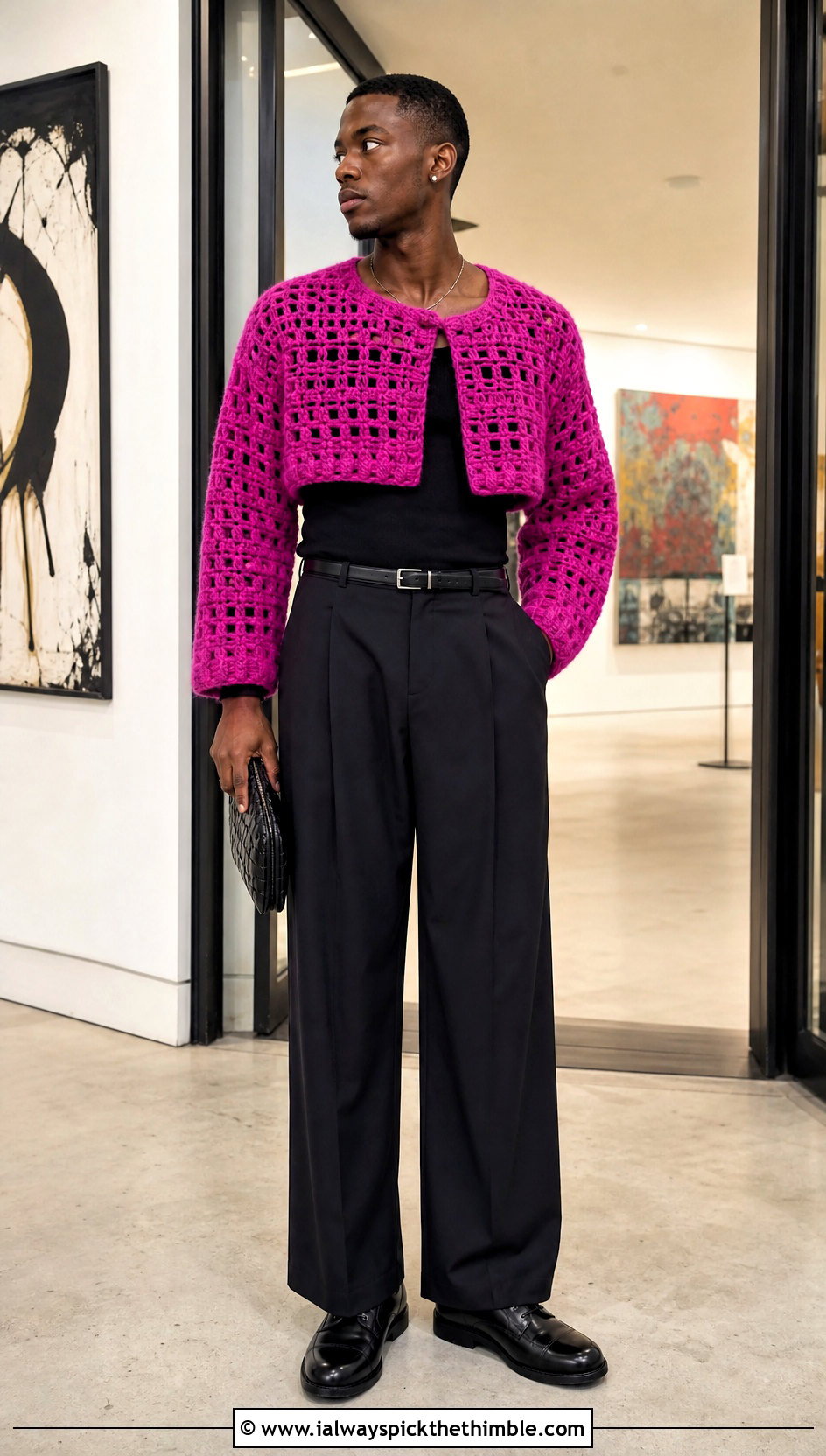 Cropped Crochet Sweater With High Rise Trousers - 20 Mens Crochet Sweaters outfit ideas
