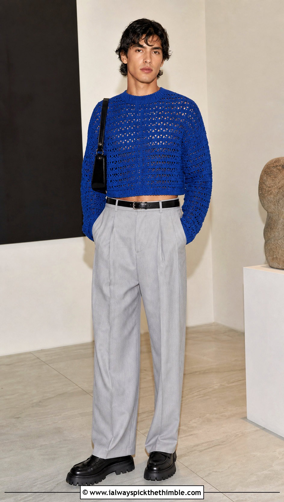 Cropped Crochet Sweater With High Waisted Trousers - 20 men's crochet sweater outfit ideas