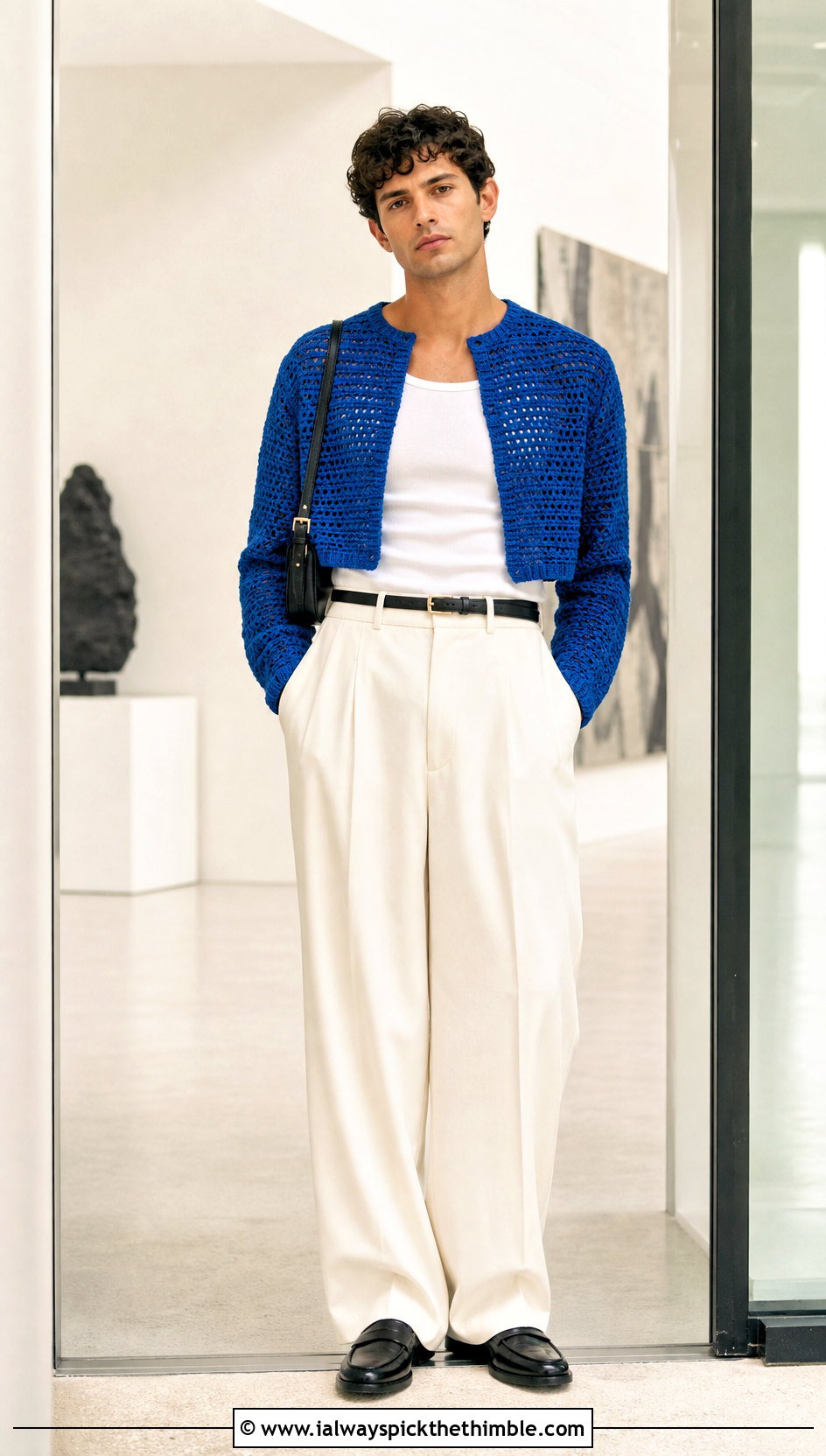 Cropped Crochet Sweater With High Waisted Trousers - 25 men's crochet sweater ideas