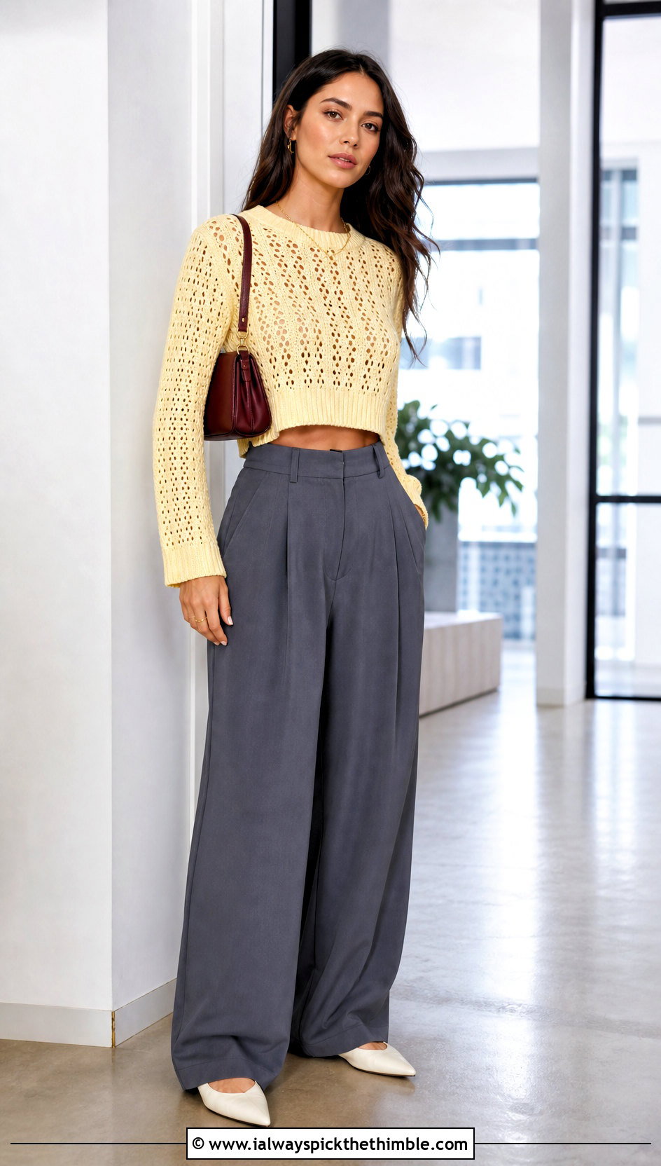 Cropped Crochet Sweater With High Waisted Trousers - 25 simple crochet sweater outfit ideas