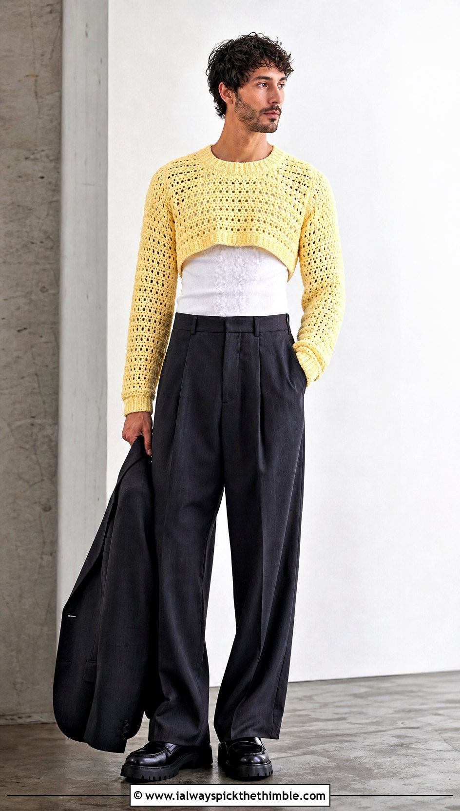 Cropped Crochet Sweater With High Waisted Trousers - 20 man crochet sweater outfit ideas
