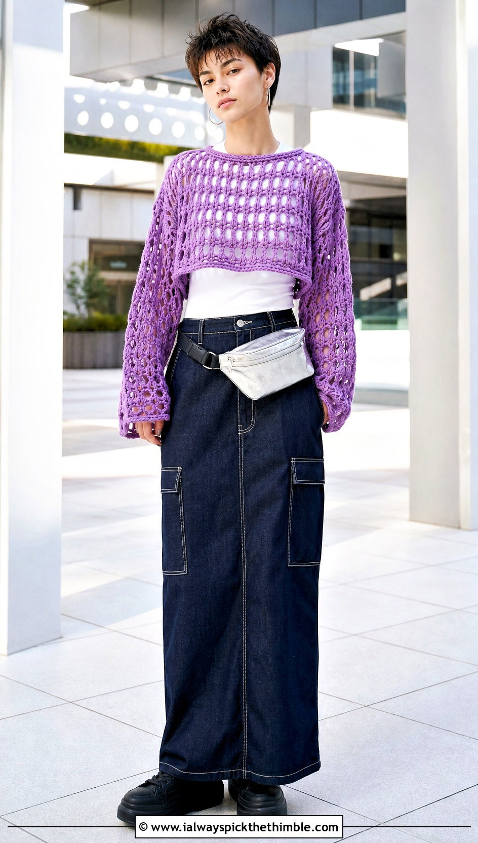 Cropped Crochet Sweater With Maxi Skirt - 20 unisex crochet sweater outfit ideas
