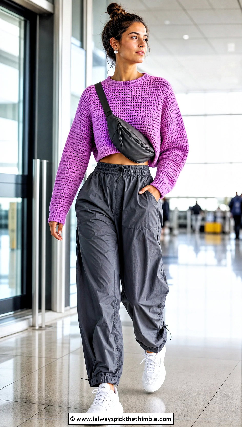 Cropped Crochet Sweater With Parachute Pants - 25 aesthetic crochet top outfit ideas
