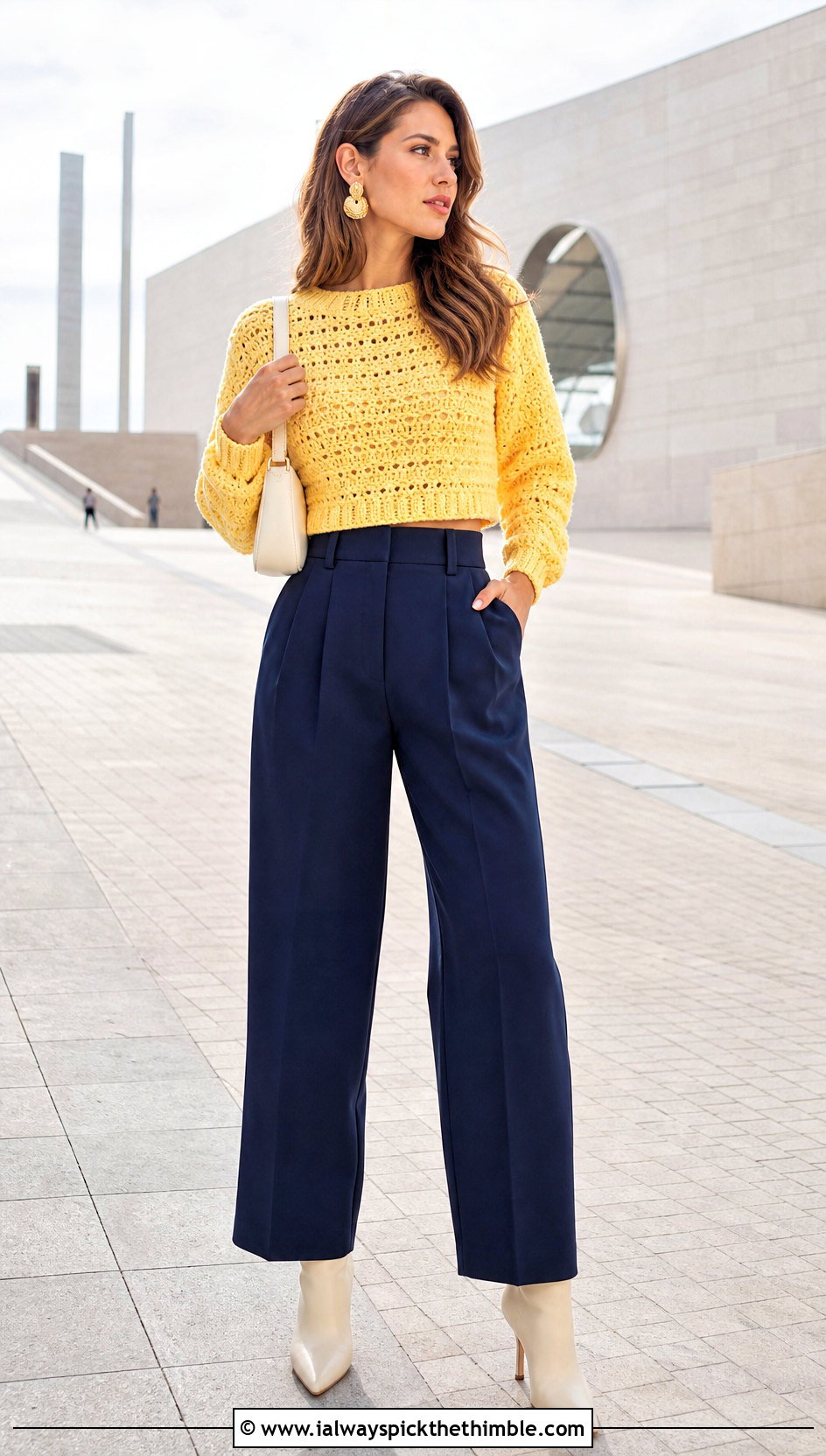 Cropped Crochet Sweater With Pleated Trousers - 20 cozy crochet sweater outfit ideas