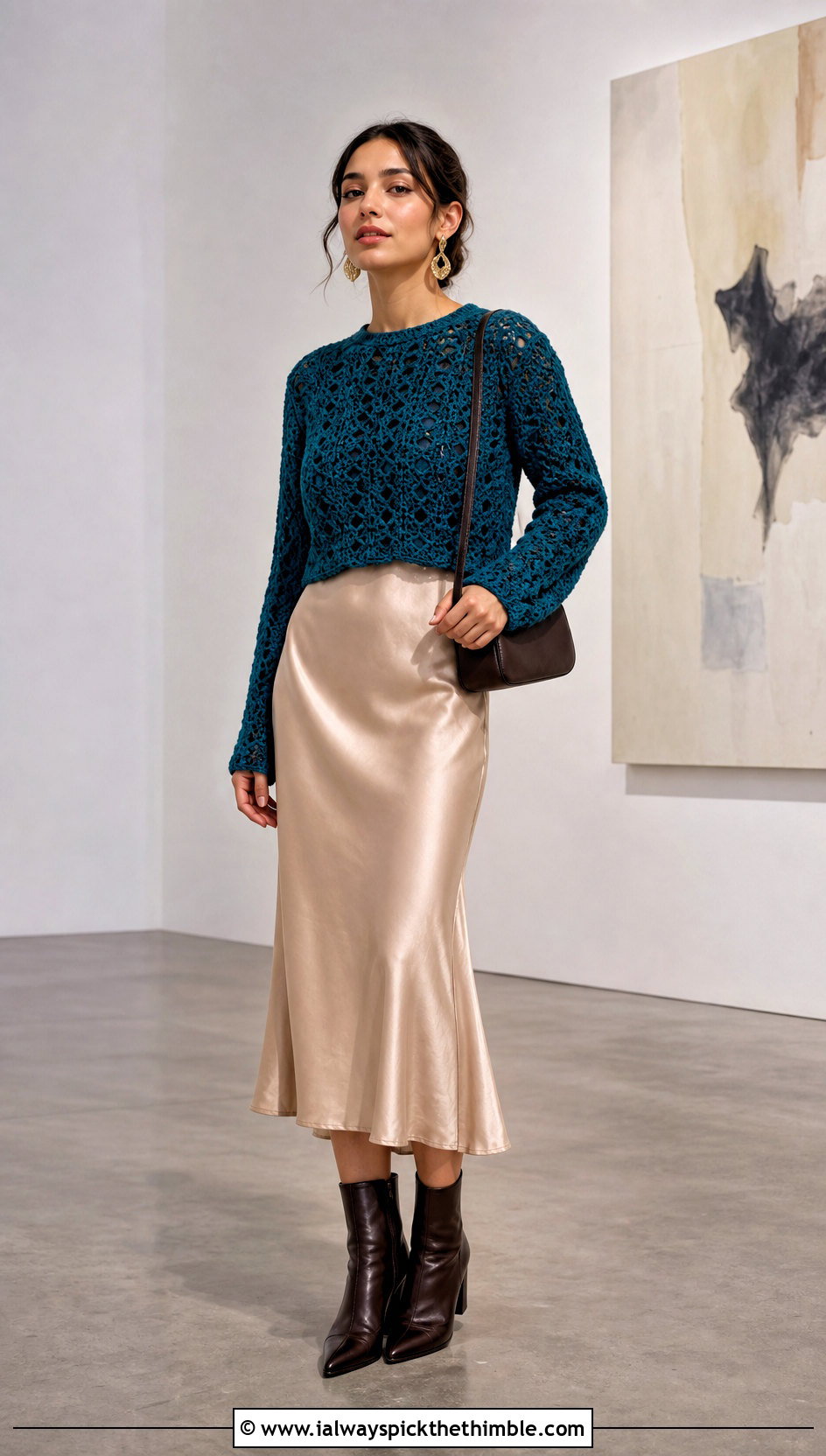 Cropped Crochet Sweater With Satin Midi Skirt - 20 handmade crochet sweater outfit ideas
