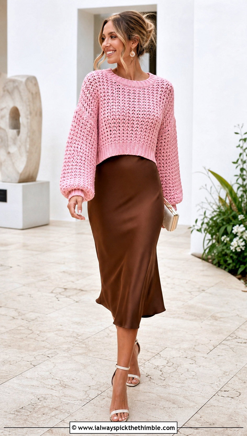 Cropped Crochet Sweater With Satin Midi Skirt - 15 Modern Crochet Sweater outfit ideas