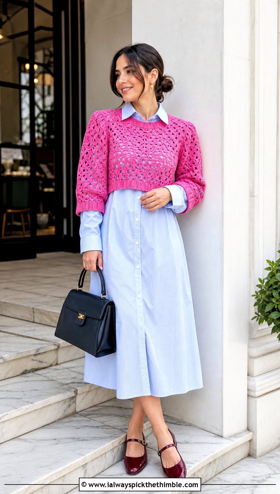 Cropped Crochet Sweater With Shirt Dress - 20 vintage crochet sweater outfit ideas